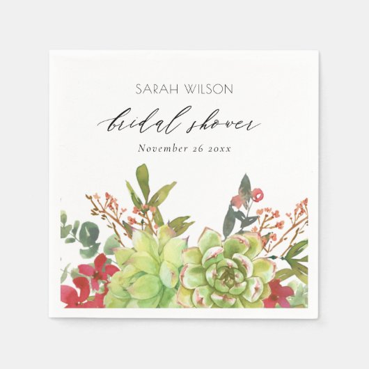 鮮やかな砂漠のサボテン 赤い花のブライダルシャワー スタンダードカクテルナプキン (正面)