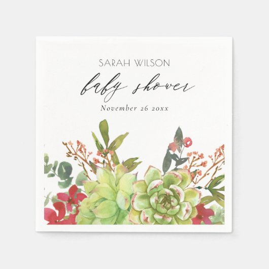 鮮やかな砂漠のサボテン 赤い花のベビーシャワー スタンダードカクテルナプキン (正面)