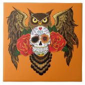 鮮やかな砂糖スカル オウル レッドローズ タイル (正面)