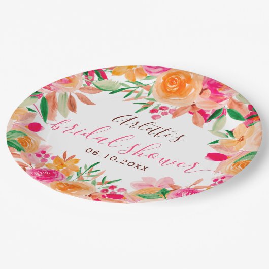 鮮やかな秋の花の水彩画 ブライダルシャワーのウェルカムメッセージ ペーパープレート (アングル)