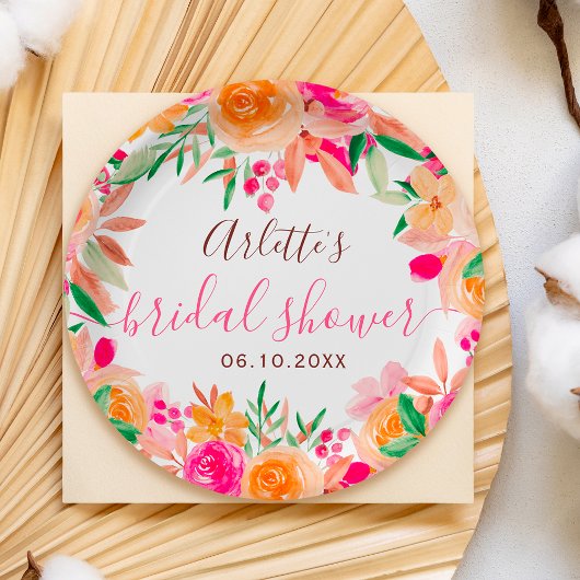 鮮やかな秋の花の水彩画 ブライダルシャワーのウェルカムメッセージ ペーパープレート