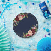 鮮やかな秋の花柄 ネイビーブルー ゴールド ワインレッドの結婚式 ペーパープレート (パーティー)