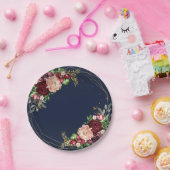 鮮やかな秋の花柄 ネイビーブルー ゴールド ワインレッドの結婚式 ペーパープレート (パーティー)