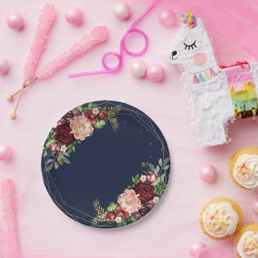 鮮やかな秋の花柄 ネイビーブルー ゴールド ワインレッドの結婚式 ペーパープレート (パーティー)