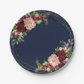鮮やかな秋の花柄 ネイビーブルー ゴールド ワインレッドの結婚式 ペーパープレート (正面)