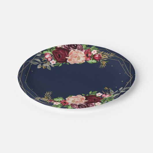 鮮やかな秋の花柄 ネイビーブルー ゴールド ワインレッドの結婚式 ペーパープレート (アングル)