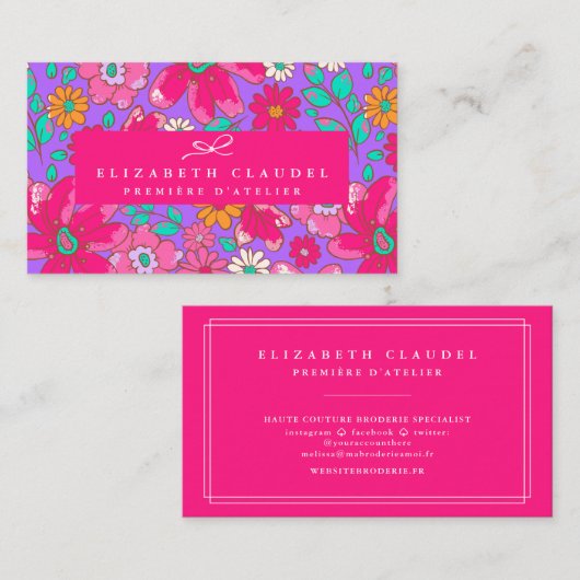 鮮やかな紫とホットピンクのフローラ 名刺 (正面/裏面)