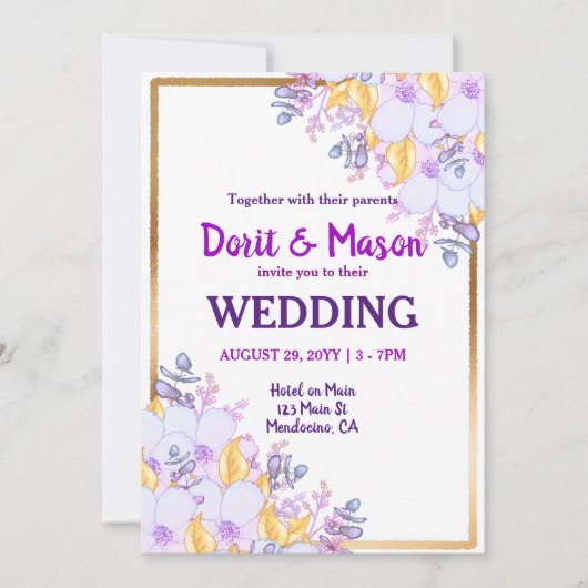 鮮やかな紫と金ゴールドフローラ金ゴールド枠 招待状 (正面)