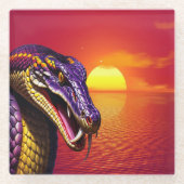 鮮やかな紫と黄色のコブラはかりで測ヘビ ガラスコースター (正面)