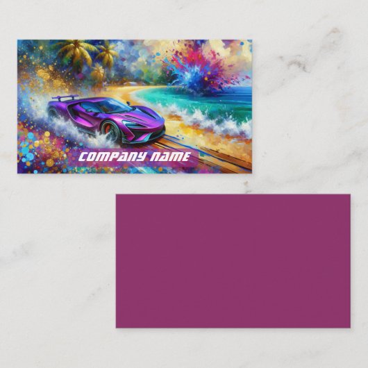 鮮やかな紫のスポーツカーがトロピカルビーチを駆ける 名刺 (正面/裏面)