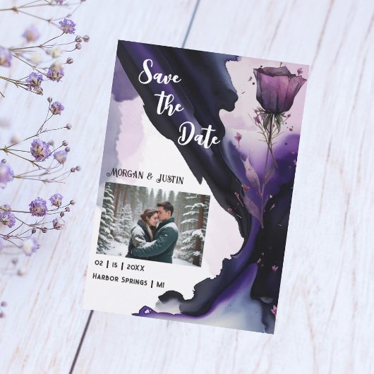 鮮やかな紫のバラの結婚式 Save the Date セーブザデート