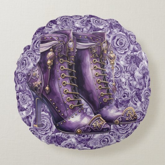 鮮やかな紫のバラ スチームパンク ラブ スロー枕 ラウンドクッション (正面)