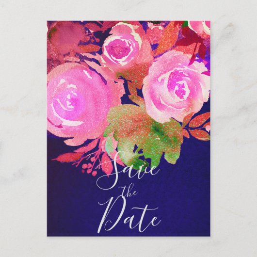 鮮やかな紫のモダンな春の花束 Save the Date 案内ポストカード (正面)