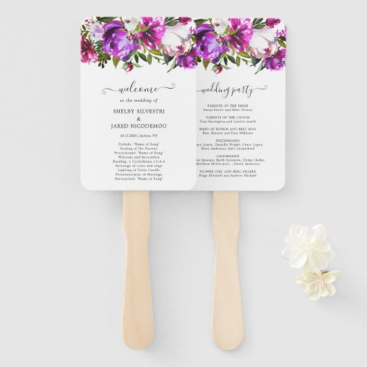 鮮やかな紫の花のエレガントな結婚式のプログラム ハンドファン (正面&裏面)