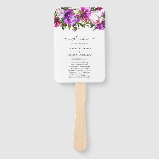 鮮やかな紫の花のエレガントな結婚式のプログラム ハンドファン (正面)