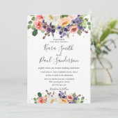 鮮やかな紫オレンジ桃色のブーケ ウェディング 招待状 (スタンド正面)