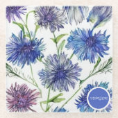 鮮やかな紫色のトウモロコシの花の畑、紫、青c ガラスコースター (正面)