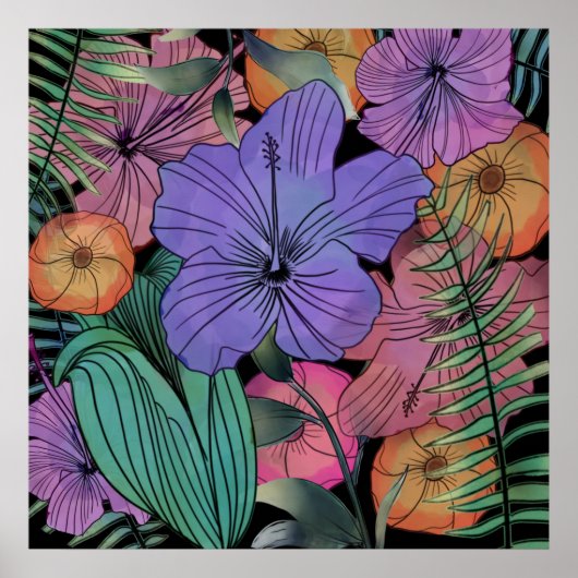 鮮やかな紫色のハイビスカス熱帯花園 ポスター (正面)