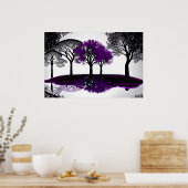 鮮やかな紫色の木で反射する黒と白 ポスター (キッチン)