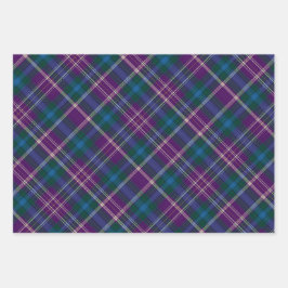 鮮やかな紫、緑、青のプレイド ラッピングペーパーシート