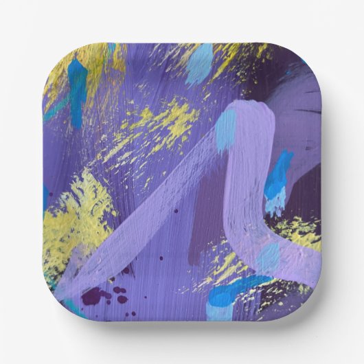 鮮やかな紫、黄色、青のアブストラクトアート ペーパープレート (正面)