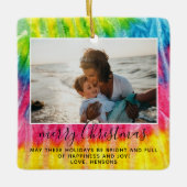 鮮やかな絞り染めメリークリスマススクリプトファミリー写真 セラミックオーナメント (正面)