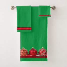 鮮やかな緑と赤のクリスマスの飾り バスタオルセット