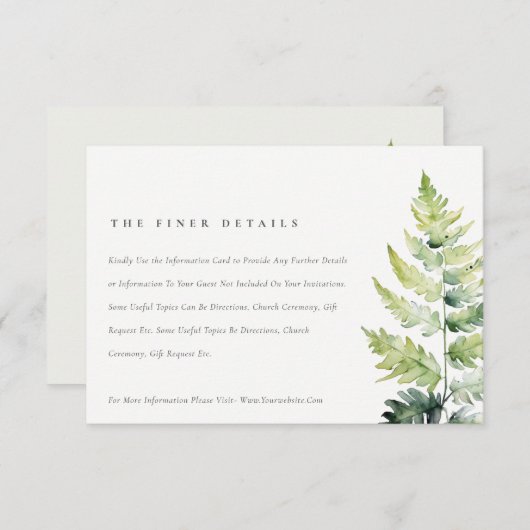 鮮やかな緑のシダの葉のウェディングディテール エンクロージャーカード (正面/裏面)