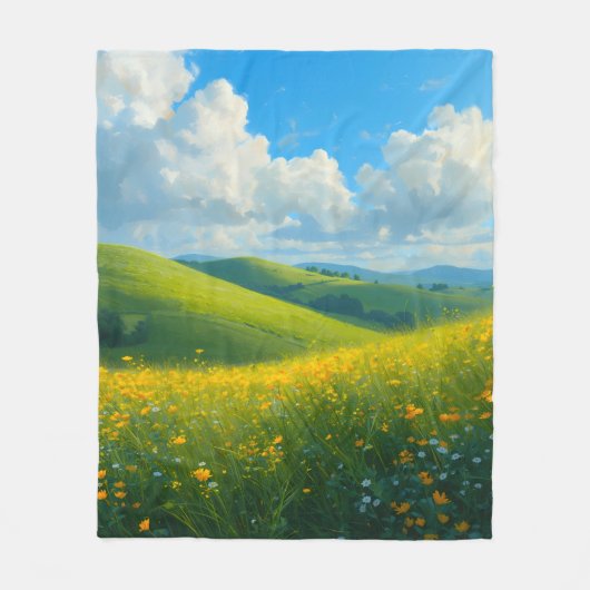 鮮やかな緑の丘と黄色い花の風景 A フリースブランケット (正面)