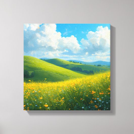 鮮やかな緑の丘と黄色の花の風景アート キャンバスプリント (正面)