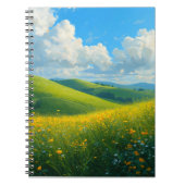 鮮やかな緑の丘と黄色の花の風景アート ノートブック (正面)
