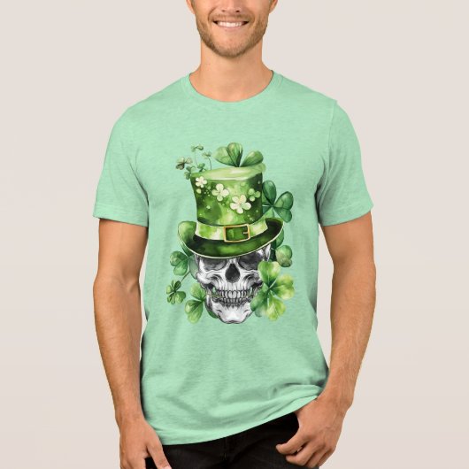 鮮やかな緑の帽子をかぶったドクロのイラスト トライブレンドTシャツ (正面)