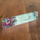 鮮やかな緑及び紫色のバラ3Dのヴィンテージの原稿 デスクネームプレート (側面)