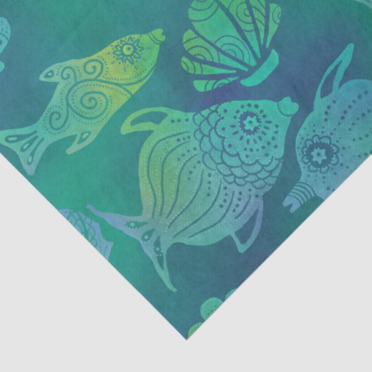 鮮やかな緑色の魚と貝殻の切り離し 薄葉紙 (詳細)