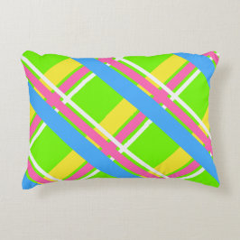 鮮やかな緑、ピンク、黄色、青の格子模様 アクセントクッション