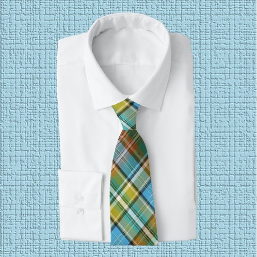 鮮やかな緑、黄色、焦げたオレンジと青の格子縞 ネクタイ