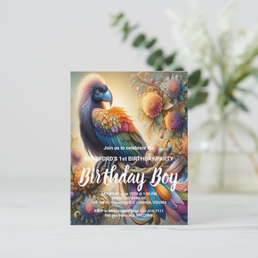 鮮やかな羽毛のコンサルが木の枝に腰かけている ポストカード (スタンド正面)