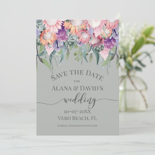 鮮やかな色のエキゾチックなプロテアの花が日付を保存 案内状 (スタンド正面)