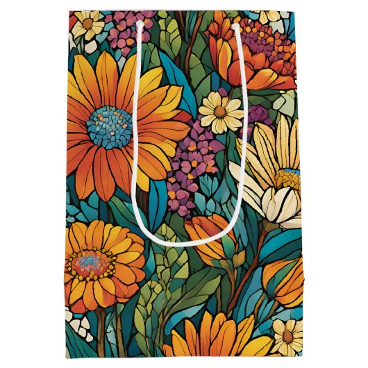 鮮やかな色のモザイクの花 ミディアムペーパーバッグ (裏面)