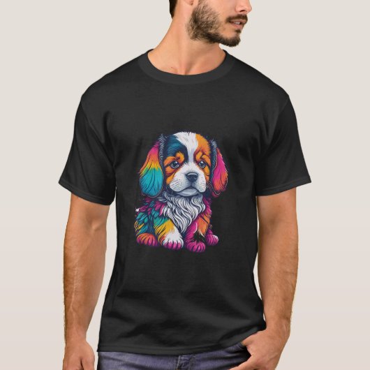鮮やかな色の子犬イラストレーション Tシャツ (正面)