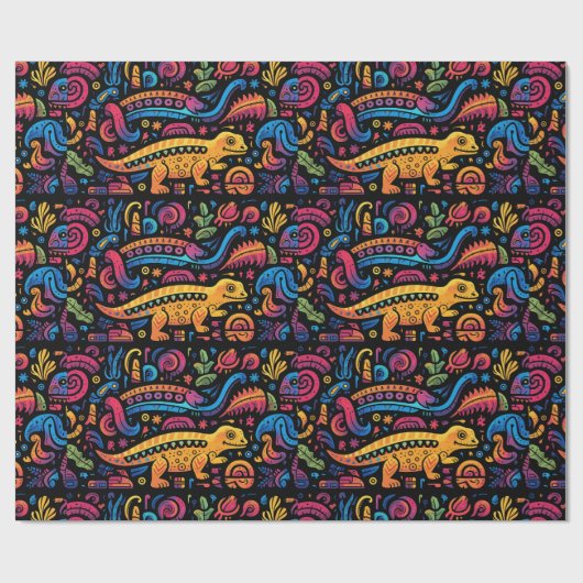 鮮やかな色の様々な動物型枠 ラッピングペーパー (フラット)