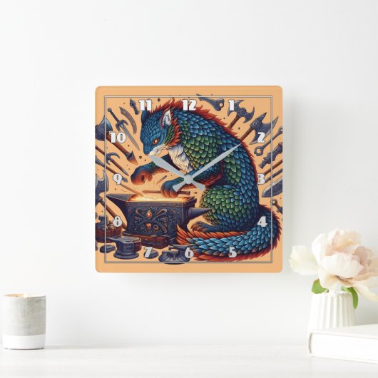 鮮やかな色の猫鍛造工具 スクエア壁時計 (ホーム)