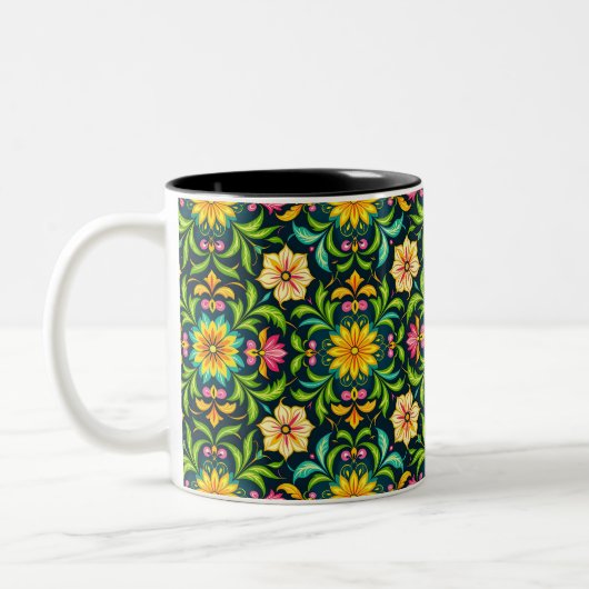 鮮やかな色の花の装飾パターン ツートーンマグカップ (左)