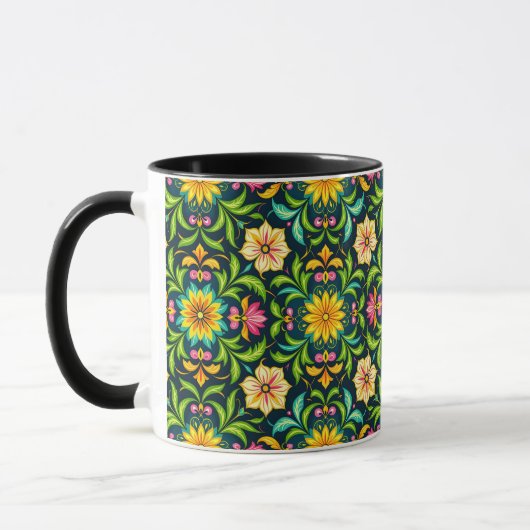 鮮やかな色の花の装飾パターン マグカップ (左)