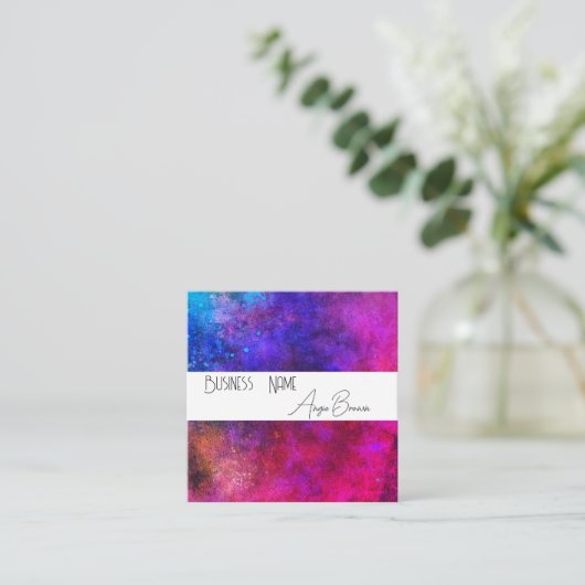 鮮やかな色の（ばちゃばちゃ）跳ねるピンクパープルターコイズ スクエア名刺 (スタンド正面)
