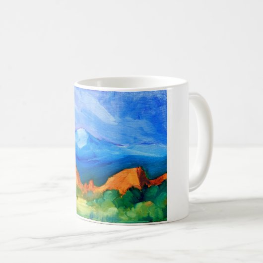 鮮やかな色の『神々の丘と庭』 コーヒーマグカップ (正面右)