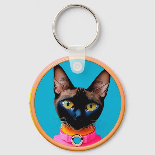 鮮やかな色合いのスタイリッシュな猫の肖像画 キーホルダー (正面)