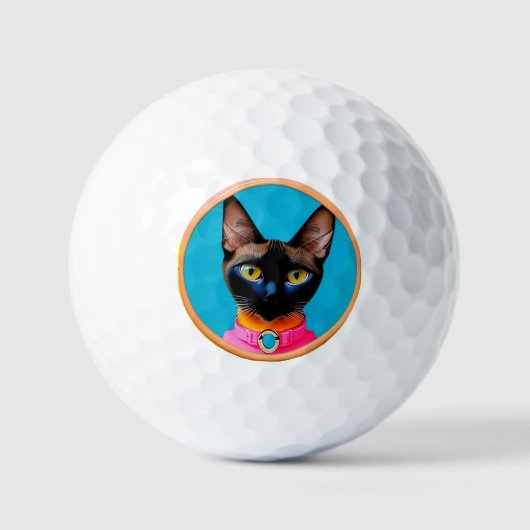 鮮やかな色合いのスタイリッシュな猫の肖像画 ゴルフボール (正面)