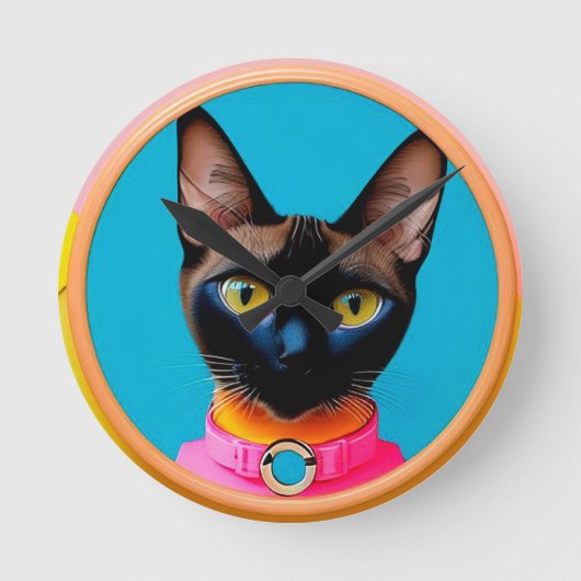 鮮やかな色合いのスタイリッシュな猫の肖像画 ラウンド壁時計 (正面)