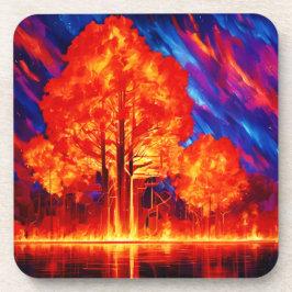鮮やかな色彩で燃え立つ森 コースター